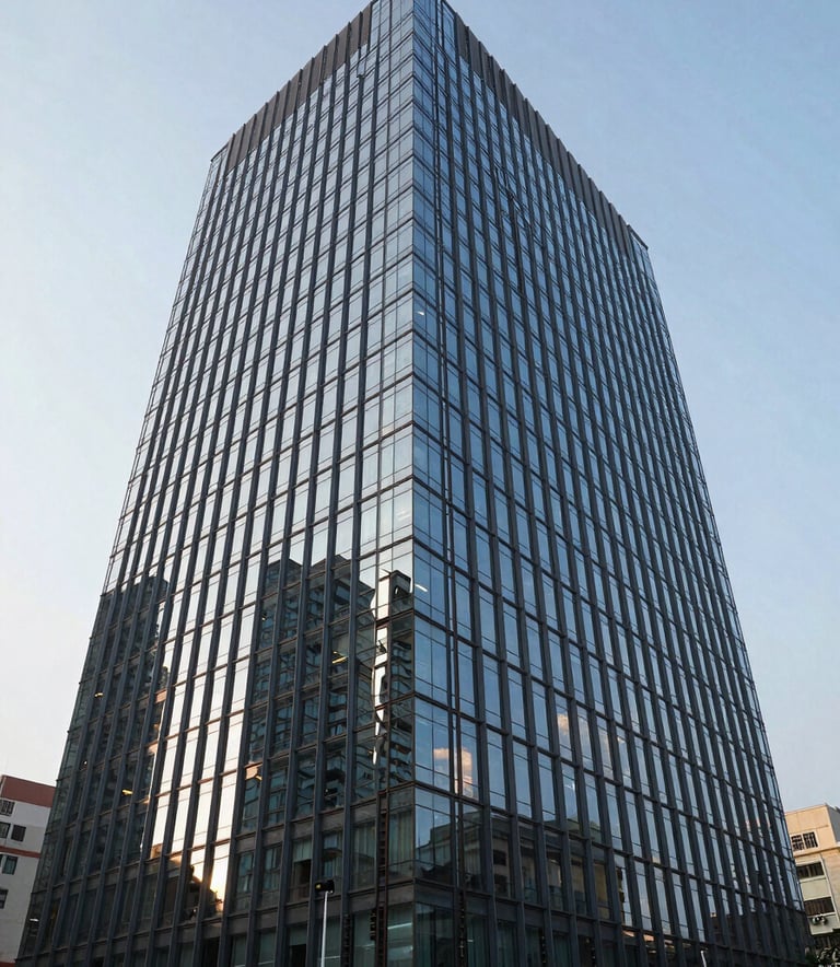 A wide-angle, high-definition photograph of a sleek, modern commercial glass building in Noida, South Asian / Indian urban architecture, bright sunlight reflecting off windows, professional photography.