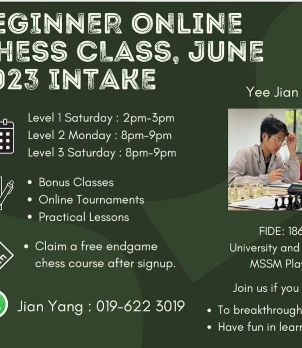 Malaysia Chess Beginner Online Chess Class by Coach Yee Jian Yang 
