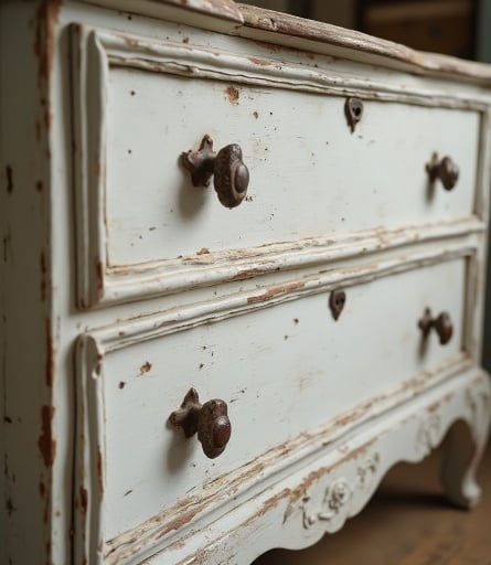 une ancienne commode blanche de deux tiroirs, un peu abimée par le temps