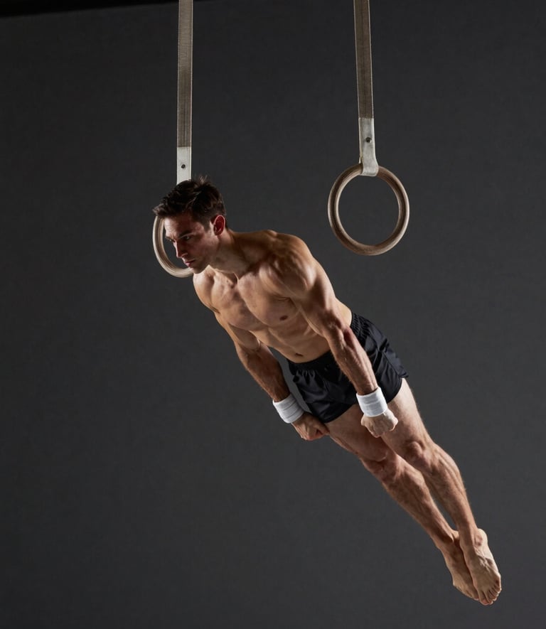 Dynamic side-lit shot of an athlete suspended on gymnastic rings, highlighting intense muscular stabilization and perfect joint alignment against a dark minimalist studio background.