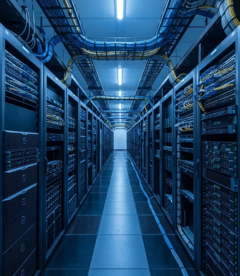 Wide panoramic shot of a modern, clean data center aisle with rows of server racks, cool blue LED lighting, sharp focus on structured cabling, no people, technical and precise.