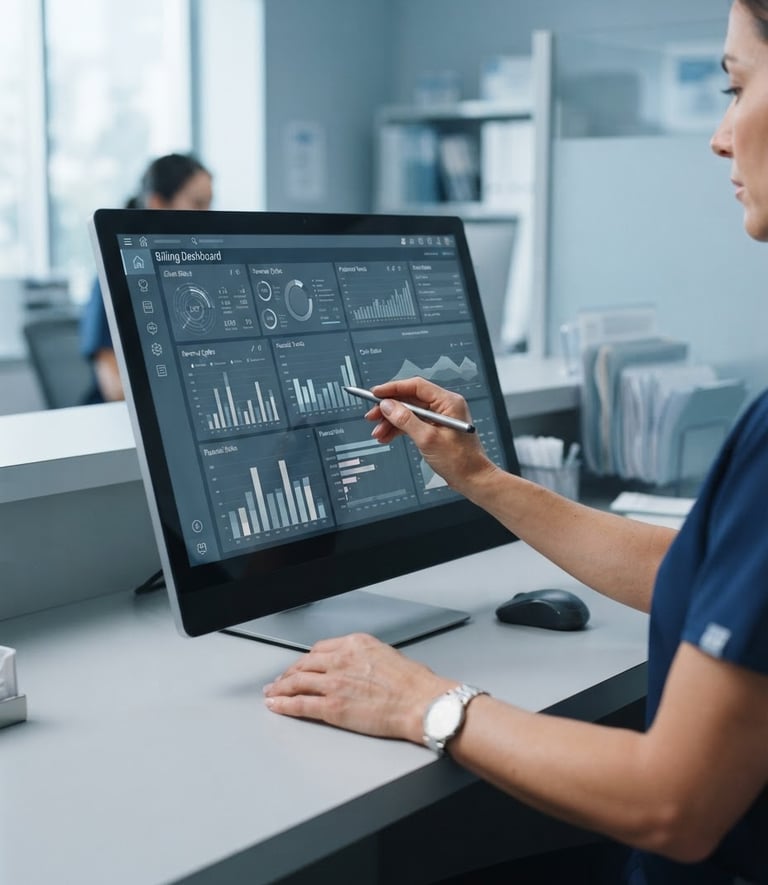 Modern clinical administrative space, close-up of hands interacting with high-end billing software on a monitor, data visualizations on screen, cool sterile daylight, desaturated blue and slate tones, sharp focus, 35mm