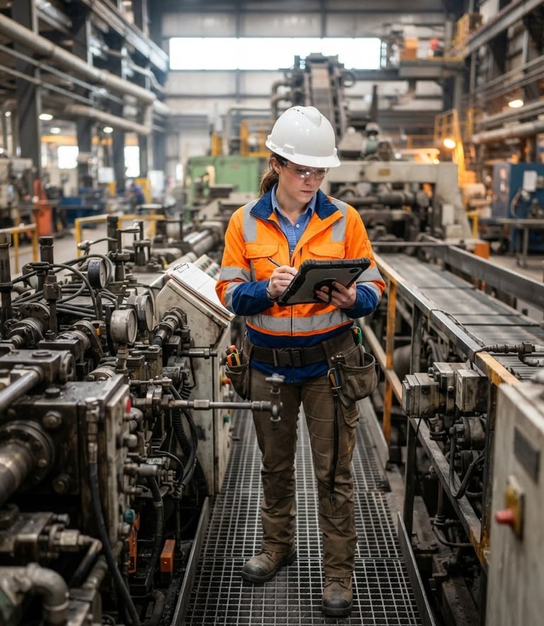 Engineer in high-visibility gear conducting a site audit in an industrial facility, bright clean lighting, high-contrast technical details, heavy-duty machinery in background, 50mm lens