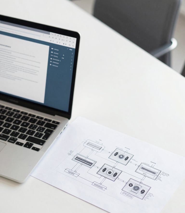 A top-down view of a professional meeting table with a laptop and digital architectural plans for network infrastructure. The setting is clean and modern, incorporating brand shades like #899DAF and #0B1A2A to convey strategic consulting and expert planning.