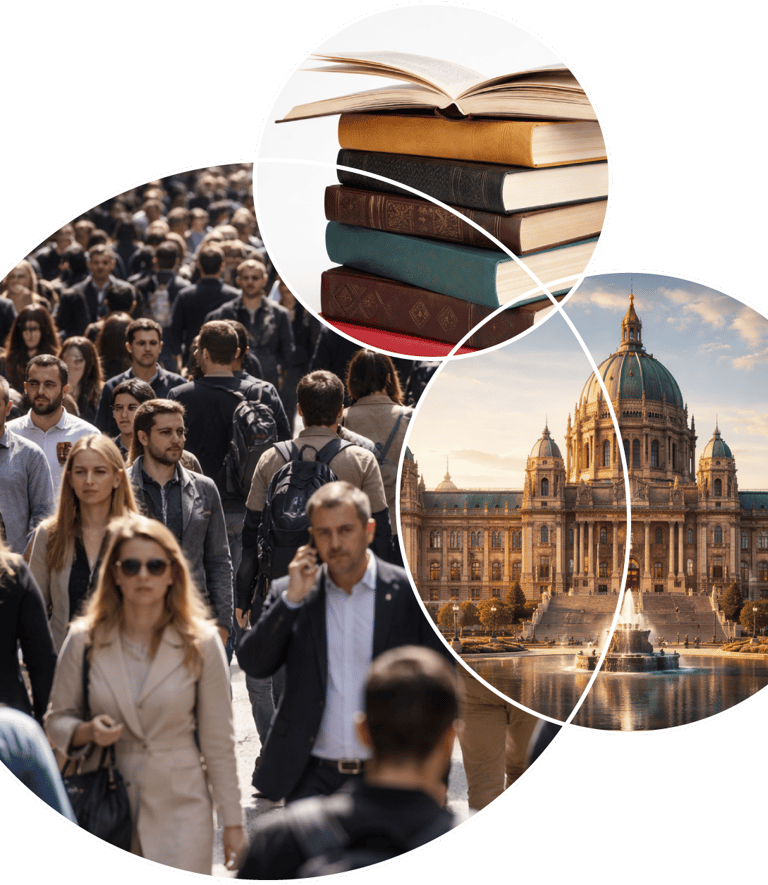 A collage depicting the arenas of power.