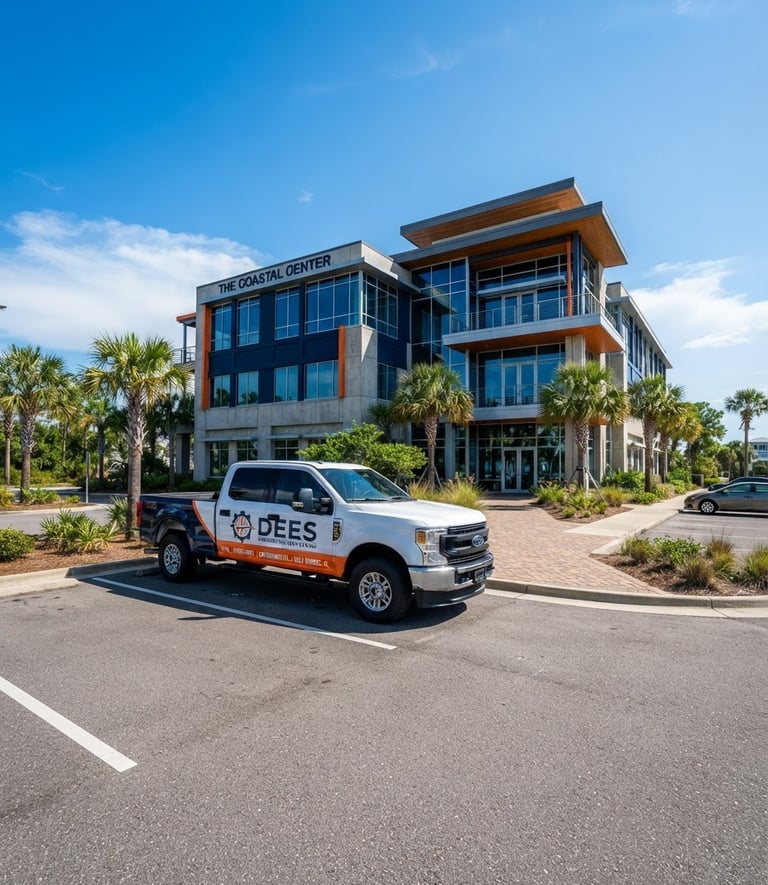 Wide panoramic shot of a branded DEES ENGINEERING SERVICES INC truck parked in front of a modern, well-maintained office building in Gulf Shores, Alabama, under bright, clear daylight. The truck is slightly off-center to the left, office building in the background, high contrast, deep navy and orange tones.