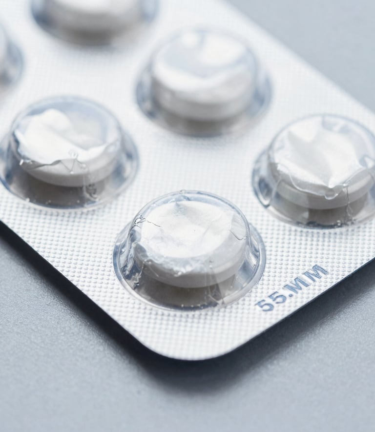 Macro close-up of sealed silver medicine blister packaging on a sterile slate grey surface, clinical blue lighting, sharp focus, 35mm