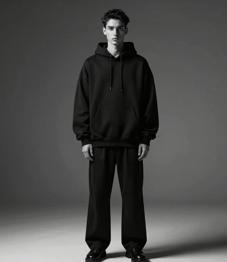 Monochromatic high-fashion editorial portrait of a male fashion model wearing an oversized black streetwear hoodie and relaxed trousers, shot against a stark dark gray minimalist studio background in a North American / Global Urban setting with dramatic high-contrast lighting.