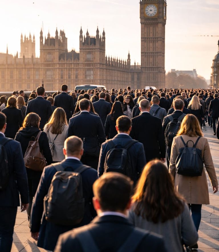 Crowd of people crossing London Bridge