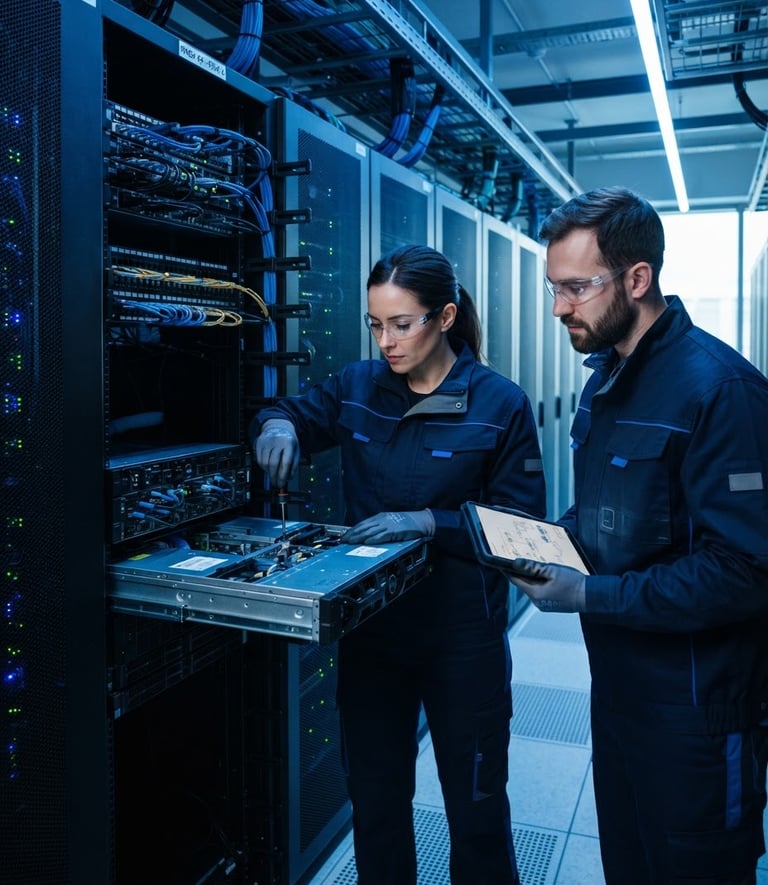 Professional SIPS technicians in clean uniforms performing precision work on a server rack in a modern data center, cool blue lighting, high-contrast, sharp corporate photography.