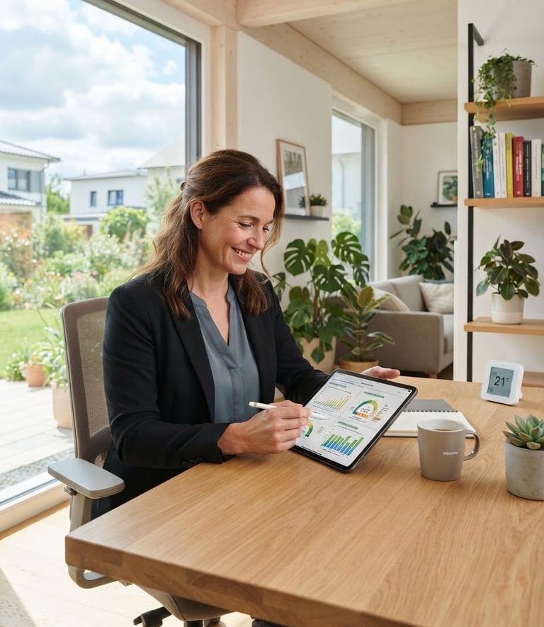 Bright, modern German home interior with natural light, a person comfortably reviewing documents on a tablet, symbolizing energy efficiency and savings. Clean corporate tones, medium depth of field.