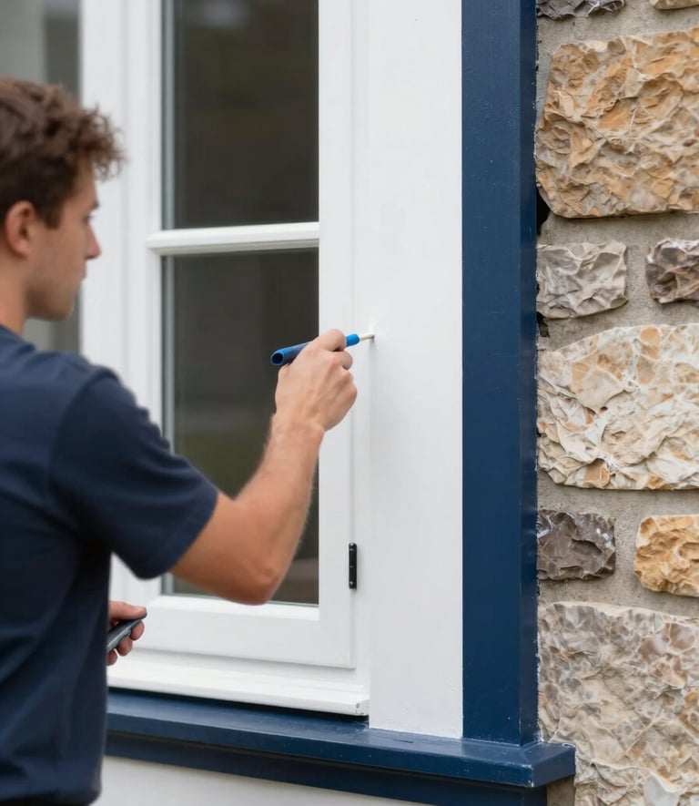 A close-up shot of professional painting work on a window frame, showing sharp, clean lines in white and navy (#0e1c2f) against a stone-colored house exterior. Soft daylight, professional finish.