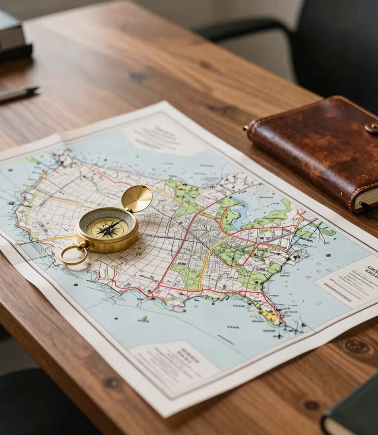 A high-angle, professional photograph of a clean wooden desk in a bright office in the North American / US West. On the desk are detailed land ownership maps, a brass compass, and a leather-bound journal, signifying precision and heritage in land research.