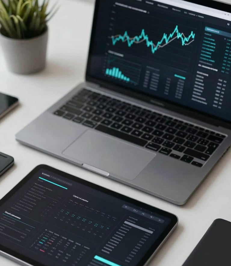 A top-down view of a sophisticated workspace with a laptop and a digital tablet showing financial compliance charts. The aesthetic is professional and secure. Colors dominated by Onyx Black #000000 with subtle cyan digital interfaces.
