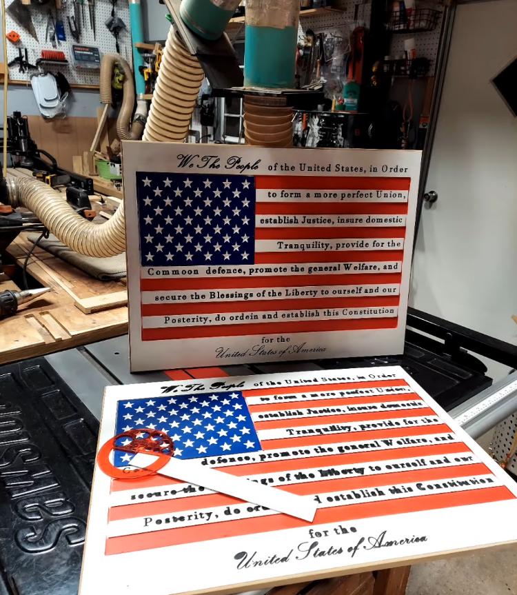 Rustic Wooden CNC Carved American Flag Natural Color Burned Wood Man Cave.