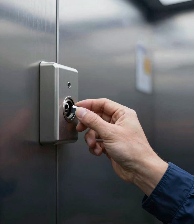 Close up of an elevator maintenance engineer's hand inspecting a sleek metal mechanism. Trust and efficiency conveyed through clean #E9ECF0 lighting and dark #2F3F4C shadows. Confidently forward-thinking vibe.