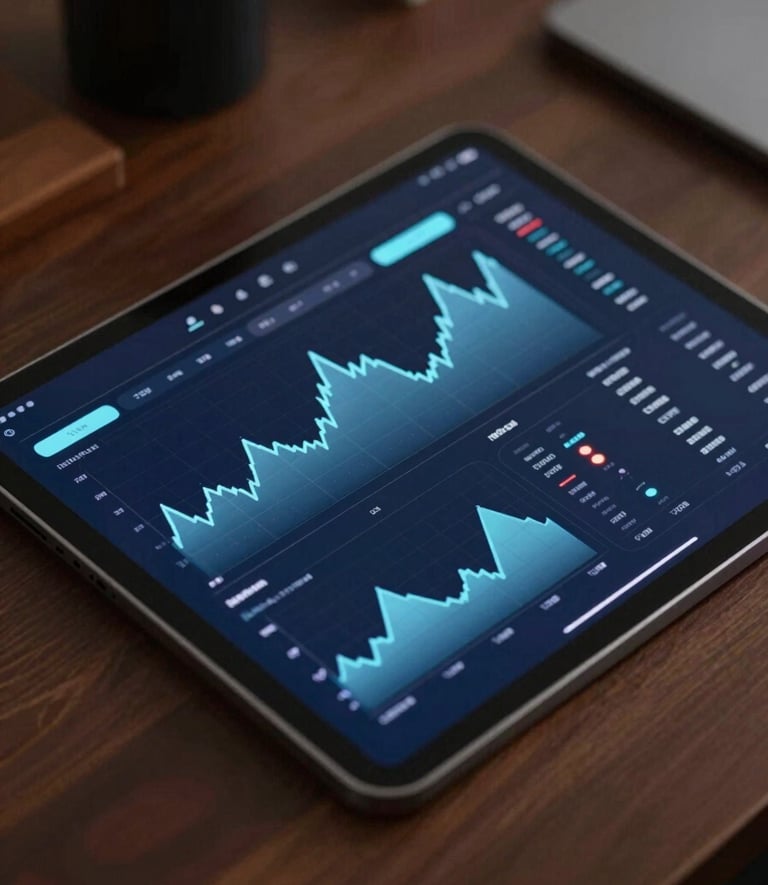 A close-up shot of a modern, high-tech tablet on a dark mahogany desk displaying complex energy market analytics and fiscal charts. The lighting is soft and professional, highlighting a premium atmosphere with deep navy #0B1A2A and soft blue #A8C6CF accents in the digital interface.