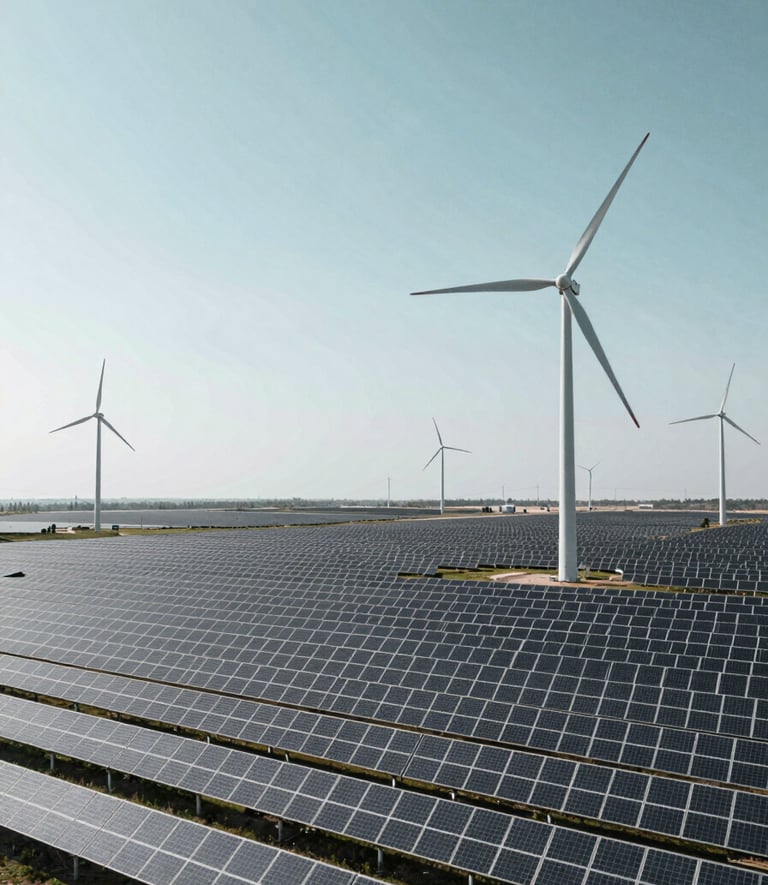 An aerial panoramic view of a vast solar energy plant integrated with wind turbines under a clear, bright sky. The composition is clean and minimalist, reflecting strategic innovation and reliability. The color palette emphasizes #A8C6CF skies and #0B1A2A silhouettes of energy infrastructure.