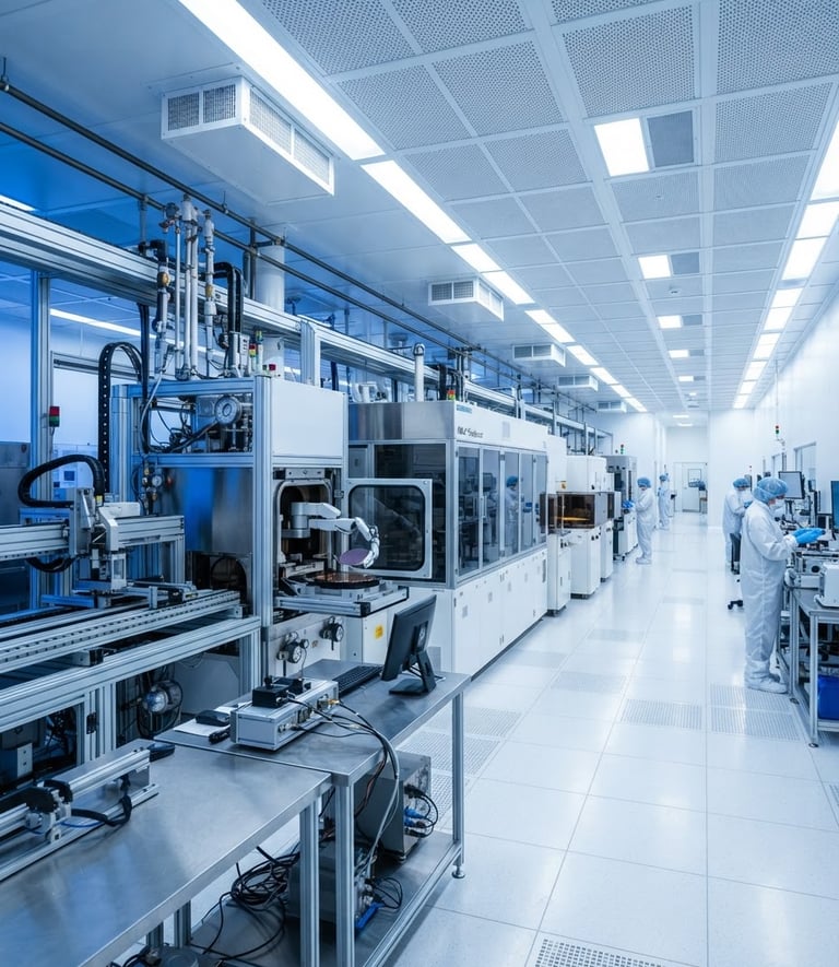 Wide-angle architectural shot of a cleanroom with silicon wafers, cool blue and stark white lighting, high-contrast technical details, 50mm, expansive negative space to the right.