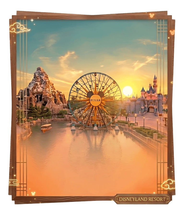 Disneyland Resort landscape featuring the Pixar Pal-A-Round ferris wheel and Matterhorn Bobsleds at sunset.