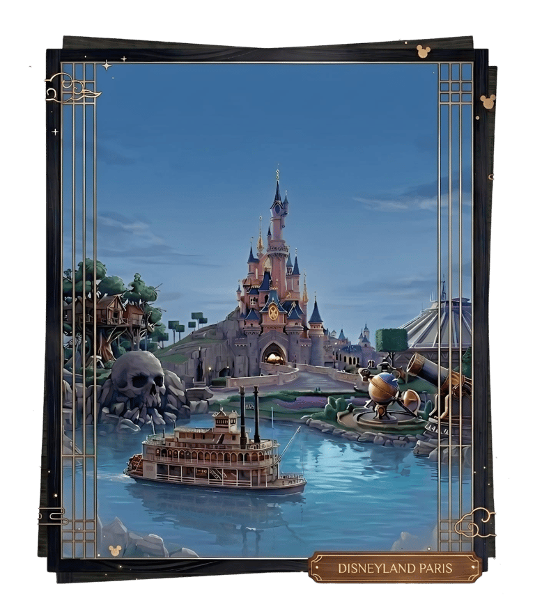 Illustration of Disneyland Paris Sleeping Beauty Castle with a riverboat and Skull Rock.