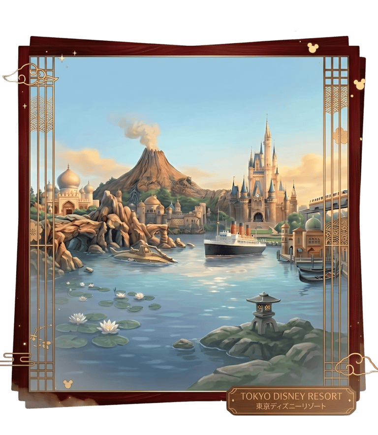 Illustration of Tokyo Disney Resort landmarks featuring Cinderella Castle, Mount Prometheus, and an ocean liner.