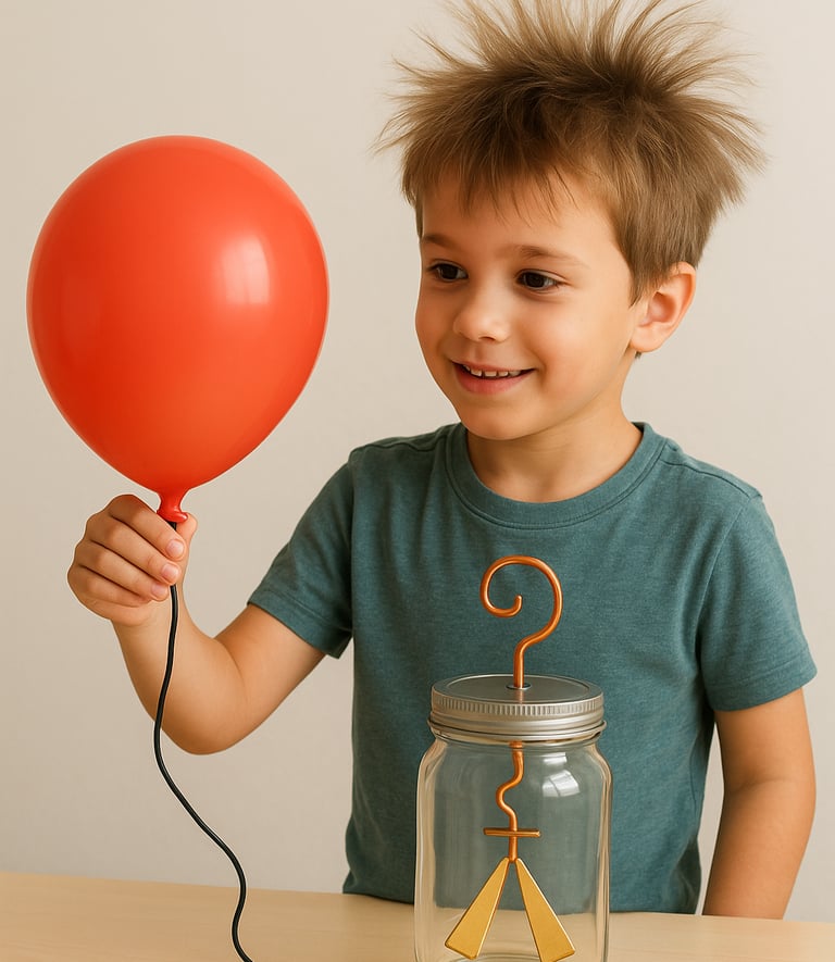 Boy holding a balloon and a glass jar beside him.