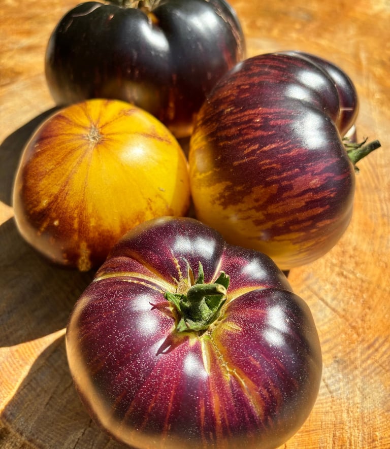 Solar Eclipse’ tomatoes, showing ripe, round tomatoes with deep purple skin and golden blossom end.
