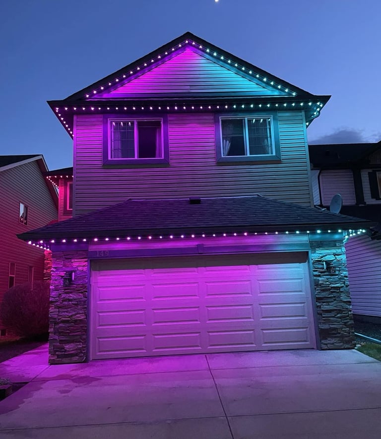 CalgaryHousePermanentLEDLightsInstalledbyDiamondBrightIncinPurpleandGreen