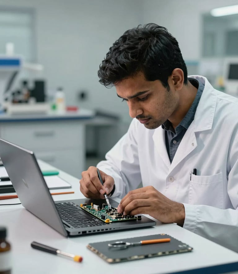 A South Asian technician in a professional lab coat carefully repairing a high-end laptop motherboard. The workspace is clean and organized, featuring slate grey tools and bright, tech-forward lighting.