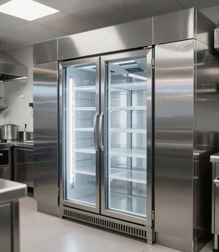 A pristine professional kitchen in the French Riviera showing a stainless steel walk-in cold room and refrigeration cabinets, clean lines, bright commercial lighting, modern and efficient.