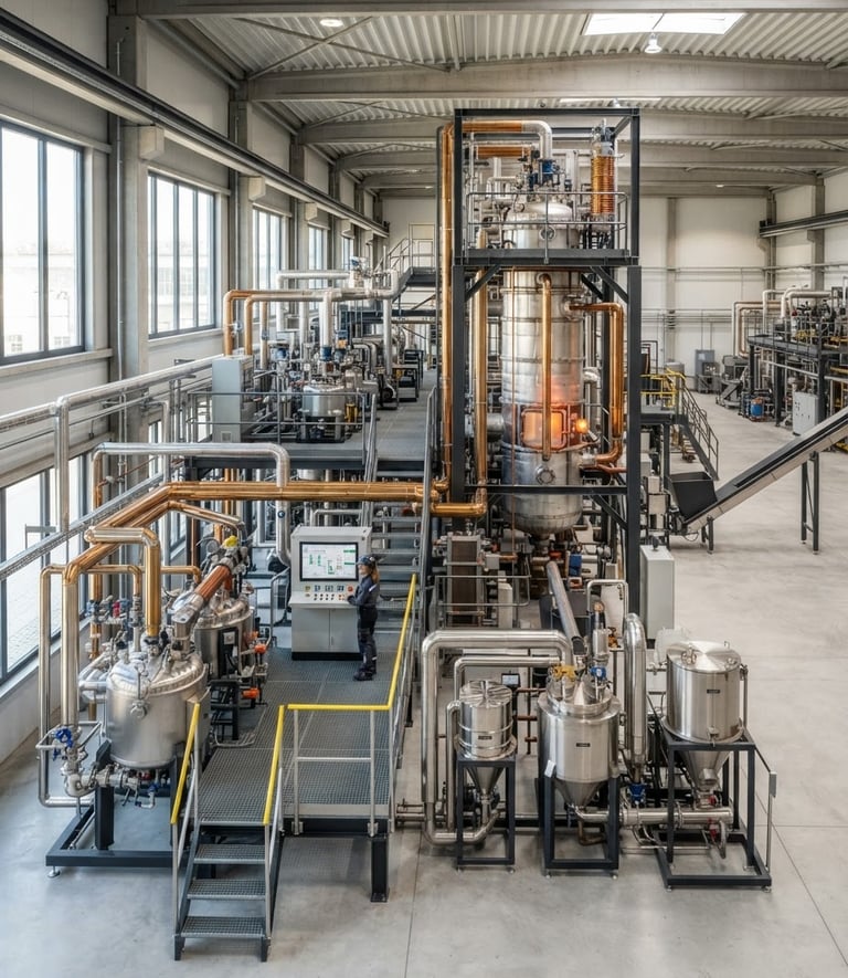 Wide shot of a modern, clean pyrolysis facility with controlled processing equipment, natural daylight, technical industrial photography