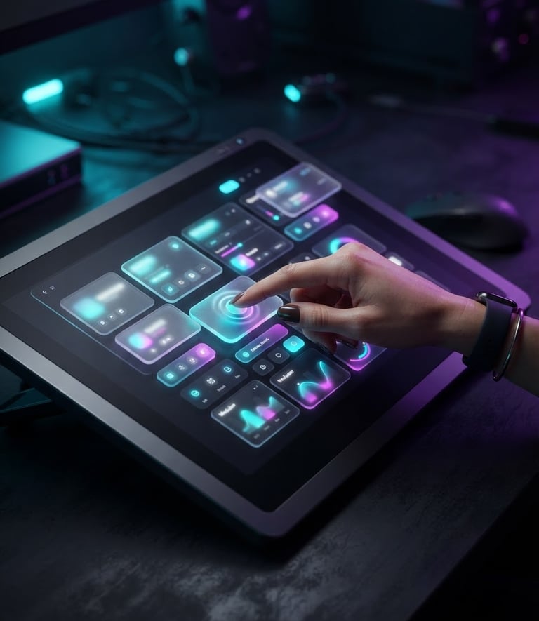 Close-up of a designer's hand interacting with a glowing glassmorphic UI mockup on a dark screen, neon cyan and purple accents, sharp focus, 8k, moody studio lighting.