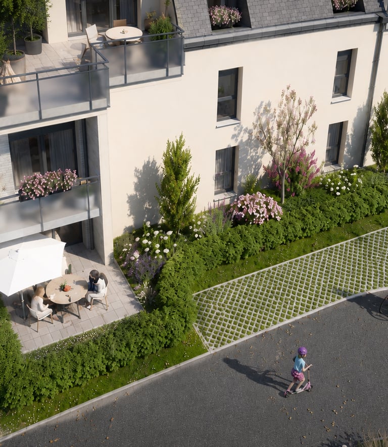 Vue drone d’une résidence familiale moderne avec espaces verts luxuriants, ambiance printanière et a