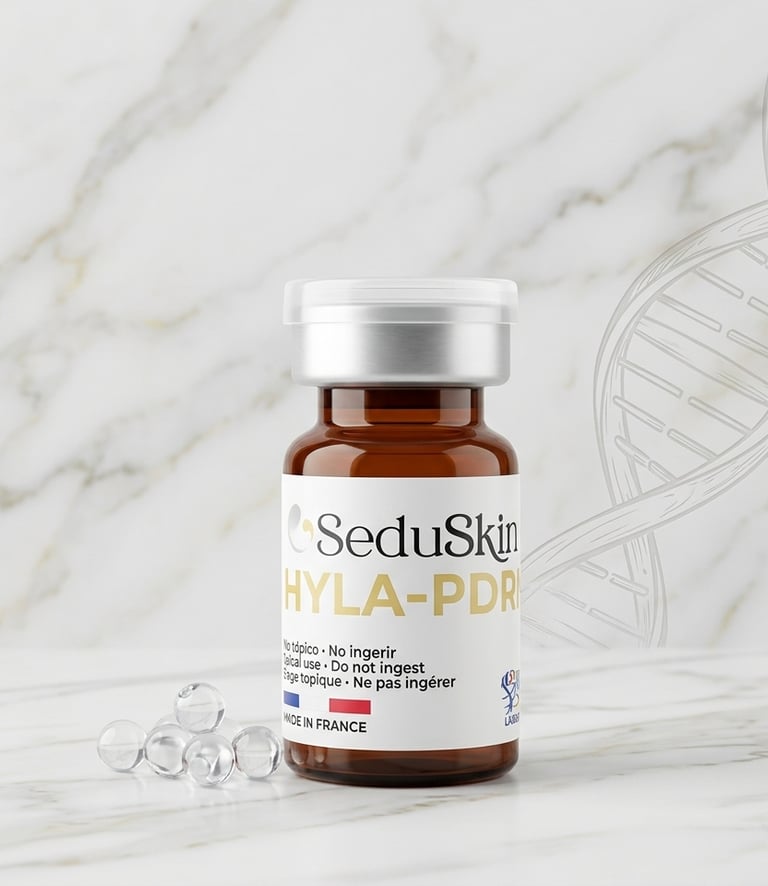 SeduSkin HYLA-PDRN skincare vial on a marble background with clear treatment capsules.