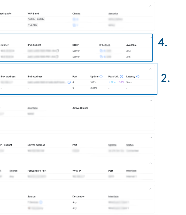 A technical screenshot of a network dashboard showing WiFi settings, DHCP manager, and IPv4 configuration menus.