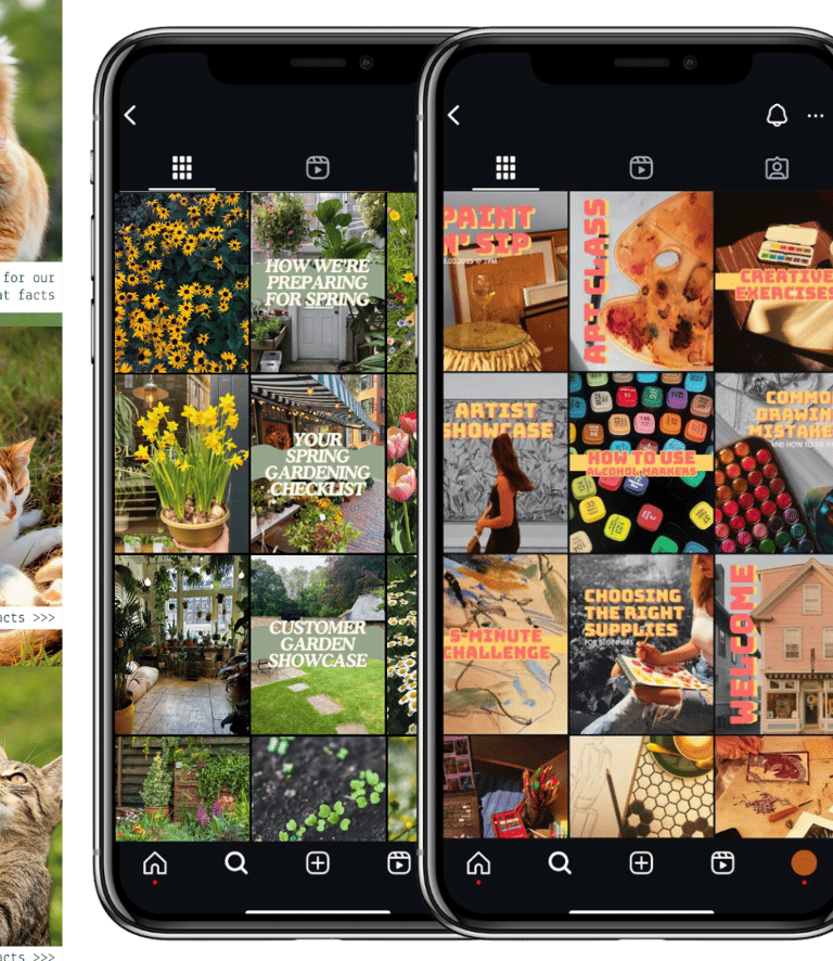 A phone showing an instagram grid, the grid shows social media posts for artists and creatives