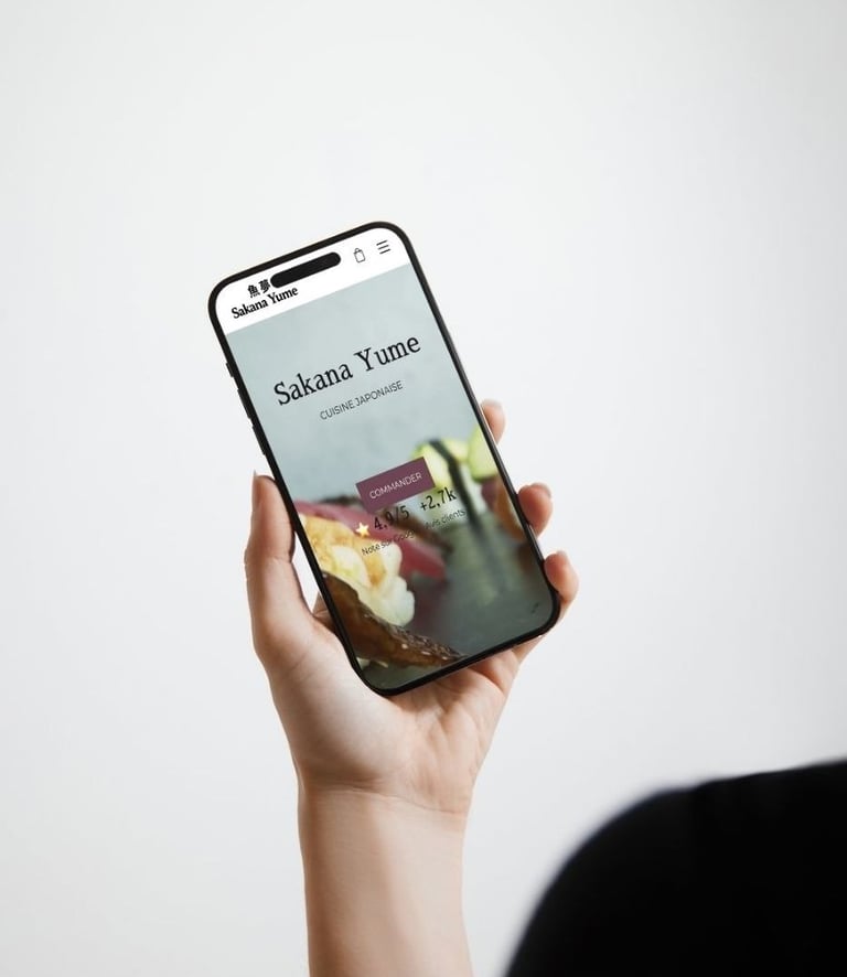 Main tenant un smartphone affichant l'interface du site web de Sakana Yume, que j'ai crée