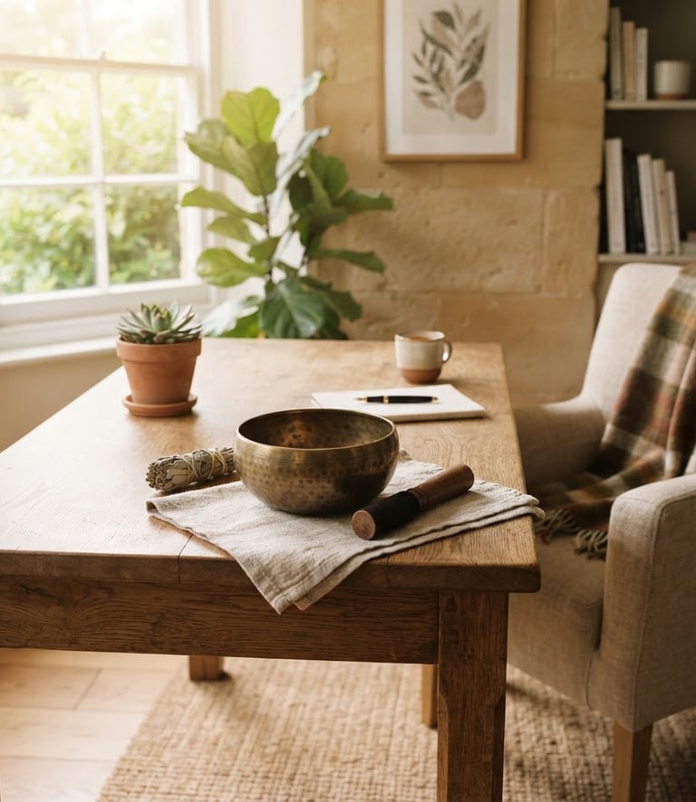 A brass singing bowl and meditation tools on a rustic wooden desk in a bright, cozy home office.