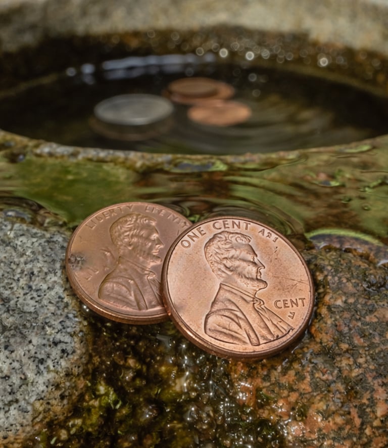 two pennies, laying next to a wishing well