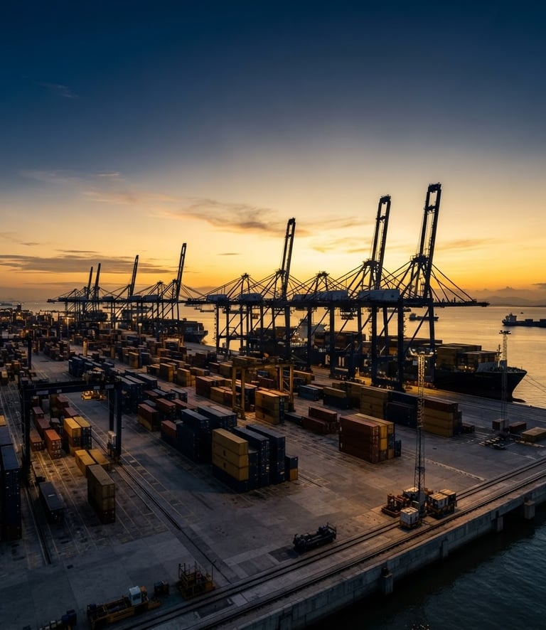 Wide architectural shot of a modern deepwater shipping terminal at dawn, massive container cranes silhouetted against a golden and deep blue sky, high contrast, elegant corporate photography, 35mm