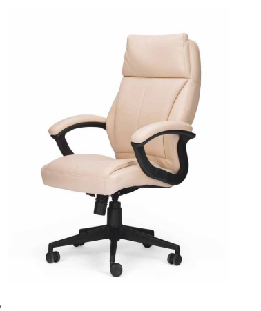 Ergonomic cream leather executive office chair with high backrest and padded armrests.