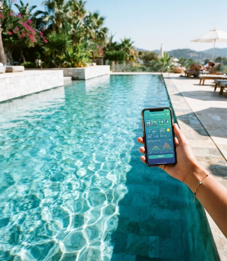 Wide panoramic view of a clean, sunlit turquoise swimming pool, a hand holding a smartphone displaying the Pool Predictor Pro app interface near the water's edge on the right third, shimmering caustics, sharp shadows, high-key midday sun.