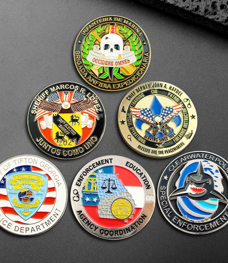 ollection of custom law enforcement challenge coins for police, sheriff, and marine departments.