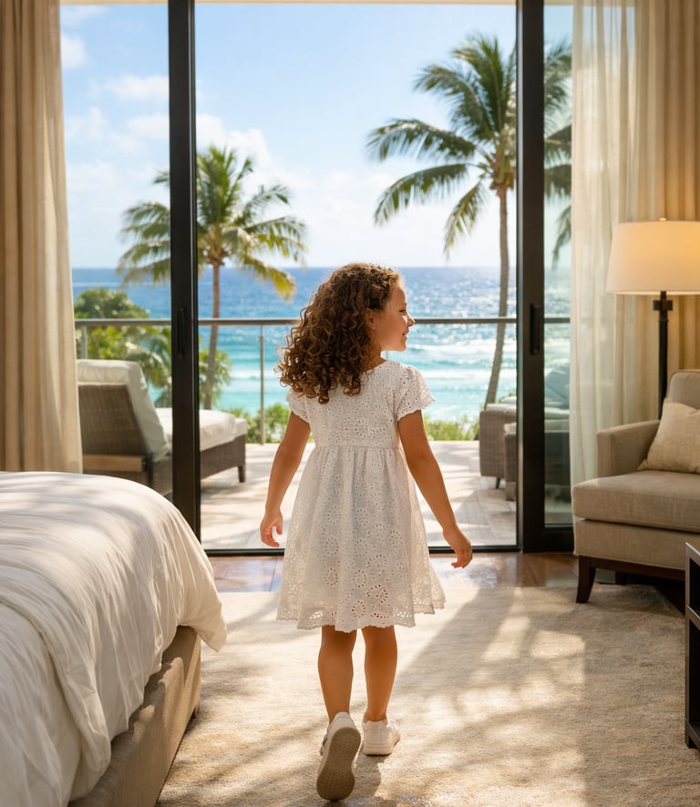 Una niña con un vestido blanco mira desde el balcón de una habitación de un hotel de lujo con aroma 