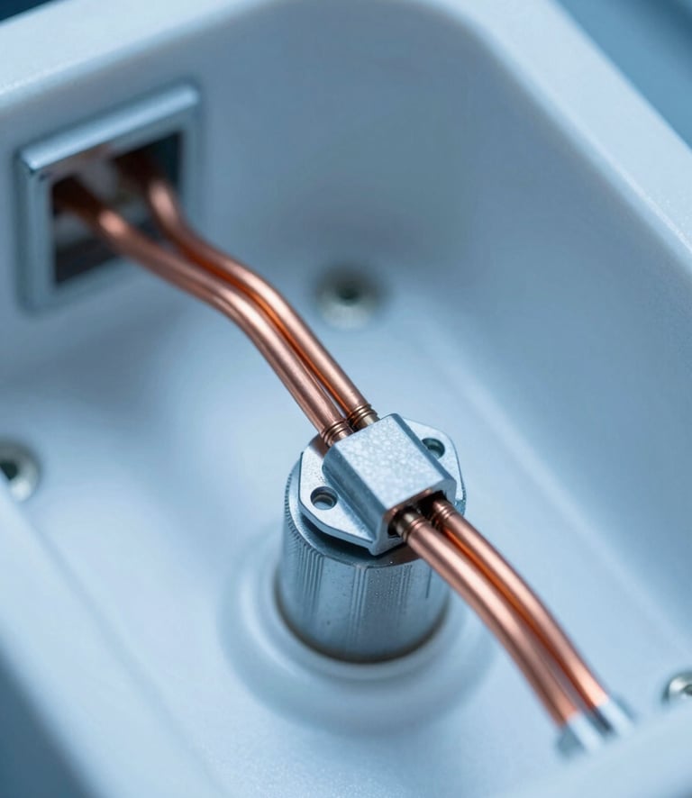 Macro close-up of dilution refrigerator internal copper wiring, cool blue and stark white lighting, high-contrast technical details, 50mm, with soft focus on the background.