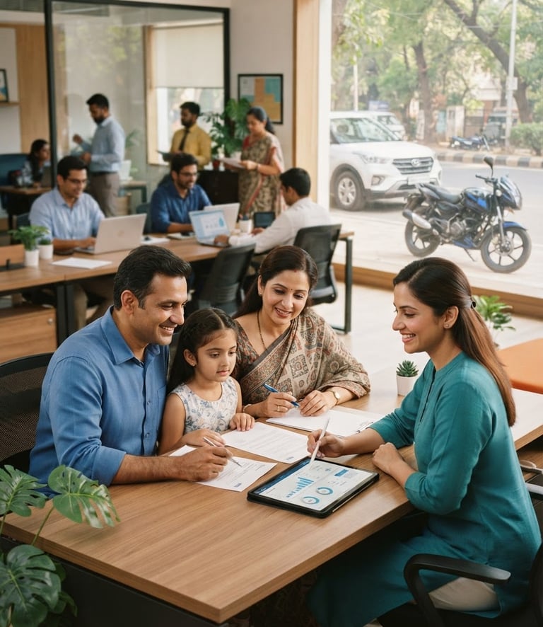 A modern, well-lit Indian insurance office with diverse professionals, a family discussing policies, and subtle digital interfaces, a car and bike visible in the background, warm natural daylight, soft depth of field, 35mm, portrait orientation.