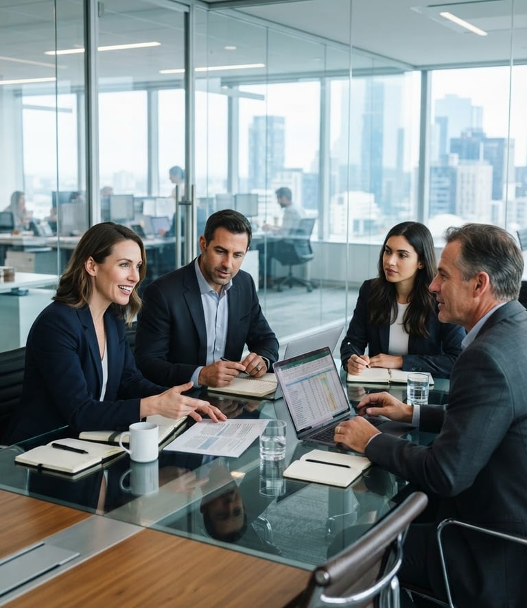 Polished HR professionals collaborating in a modern glass-walled office, bright natural office light, professional cool blue tones, sharp focus, 35mm lens