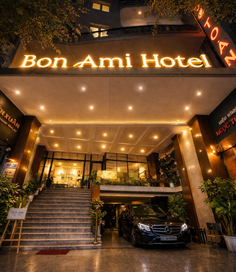 Illuminated entrance of the Bon Ami Hotel in Ho Chi Minh City at night with a luxury car parked out front.