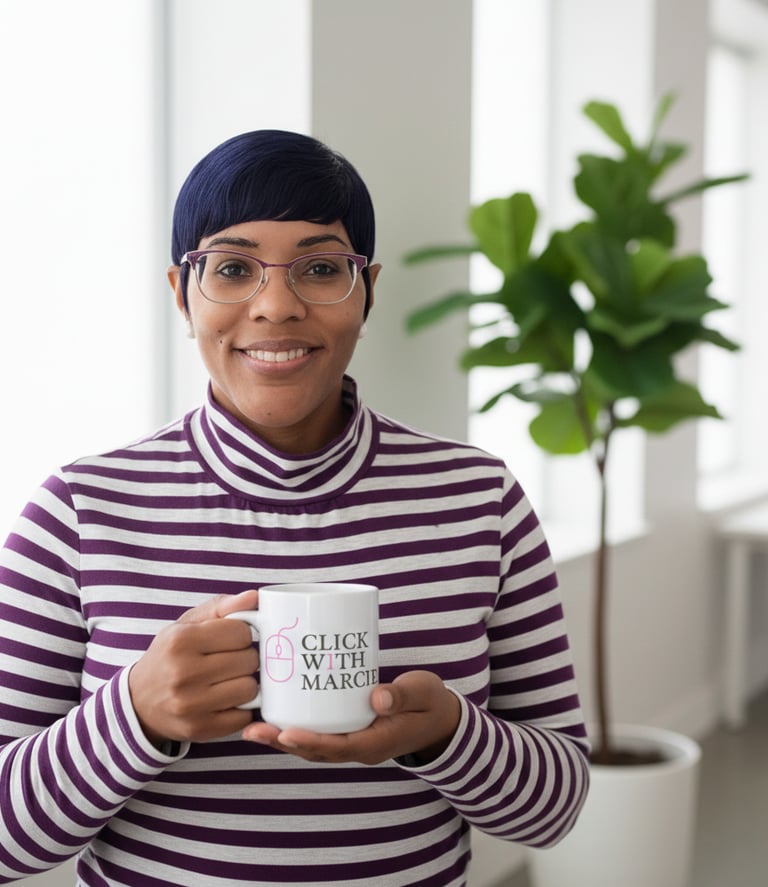 Marcie, Creator Growth Specialist, holding a Click With Marcie branded mug